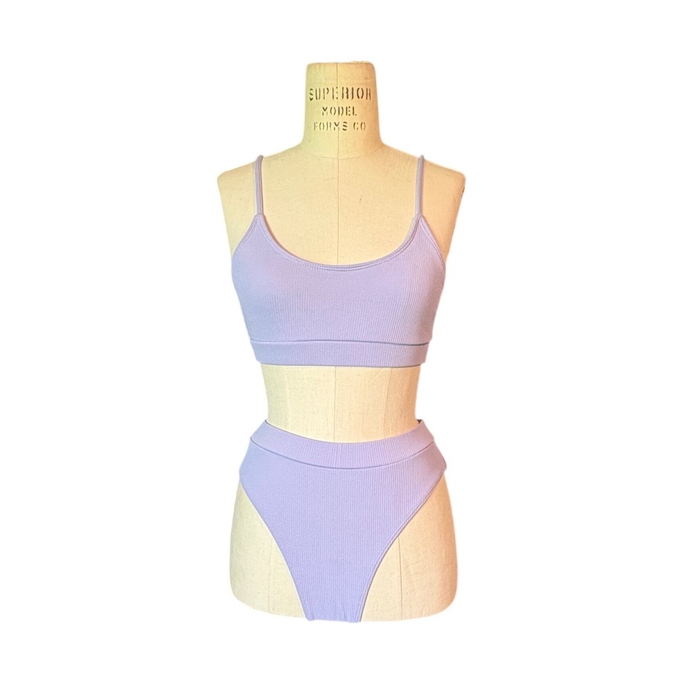 Lavender Ribbed High Cut Bikini Set Purple Scoop Neck High Waist Two Piece M